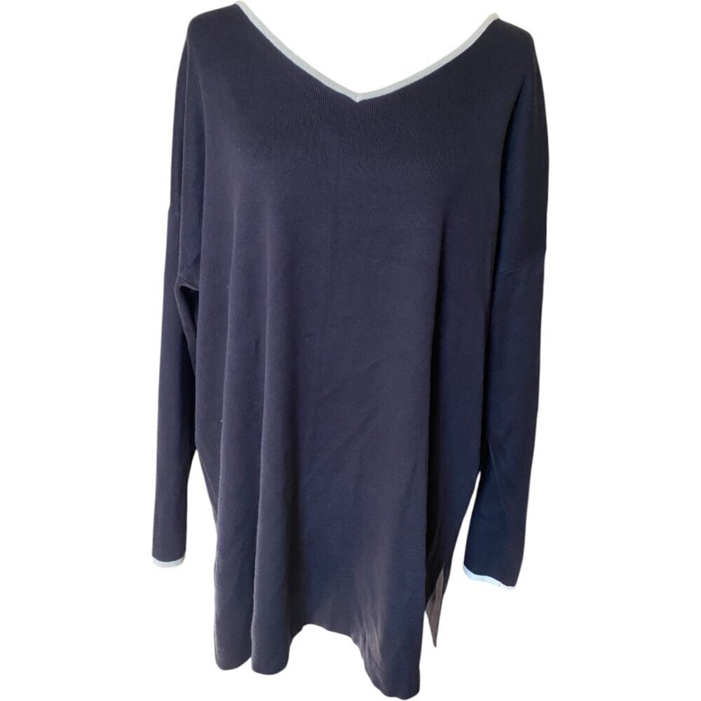 Comfy Ellen Tracy Long Sleeve Tunic Sweater Womens L Navy white normcore - Picture 2 of 5